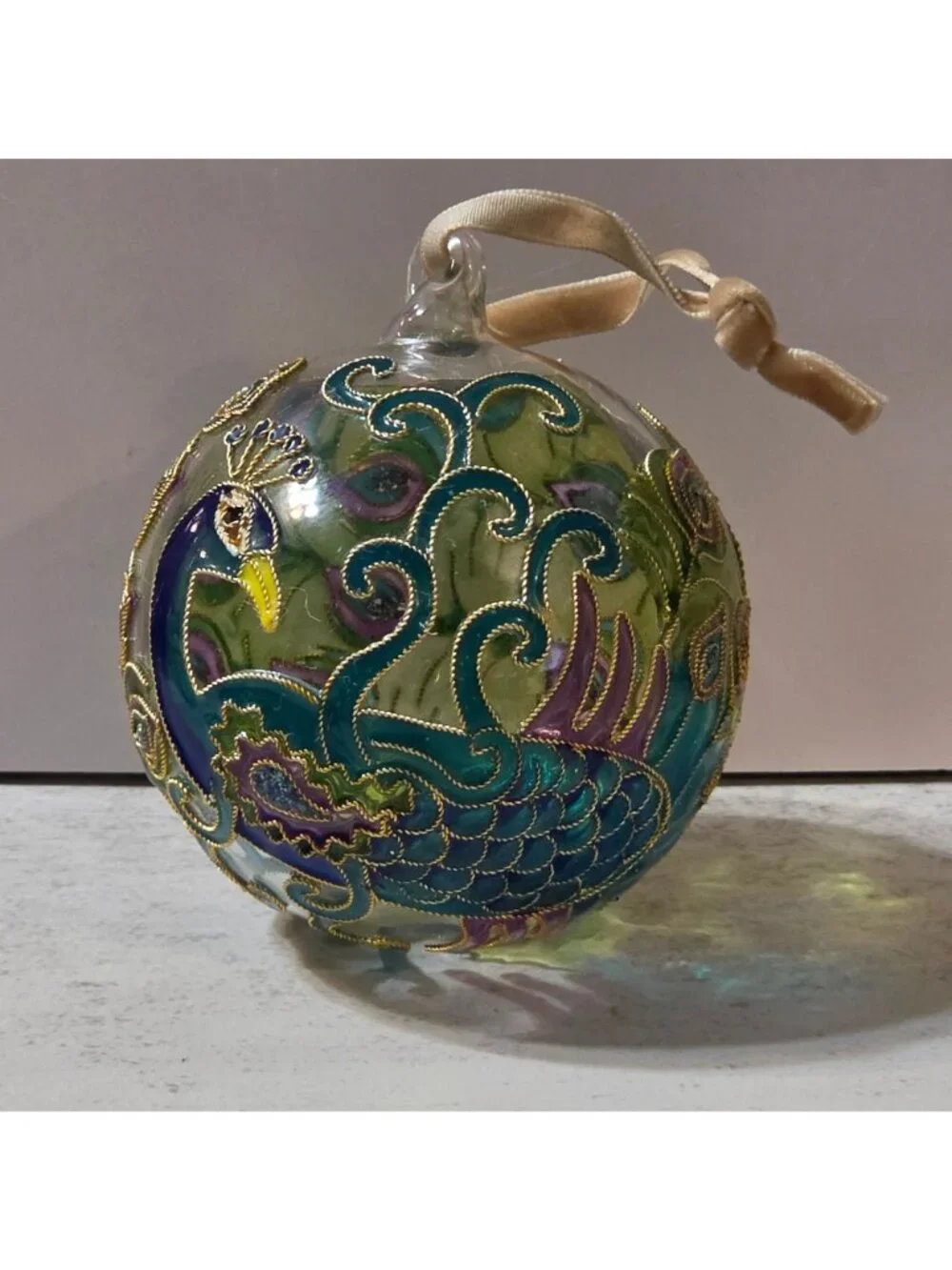 World Market Peacock Cloisonne Glass Christmas Ornament 3